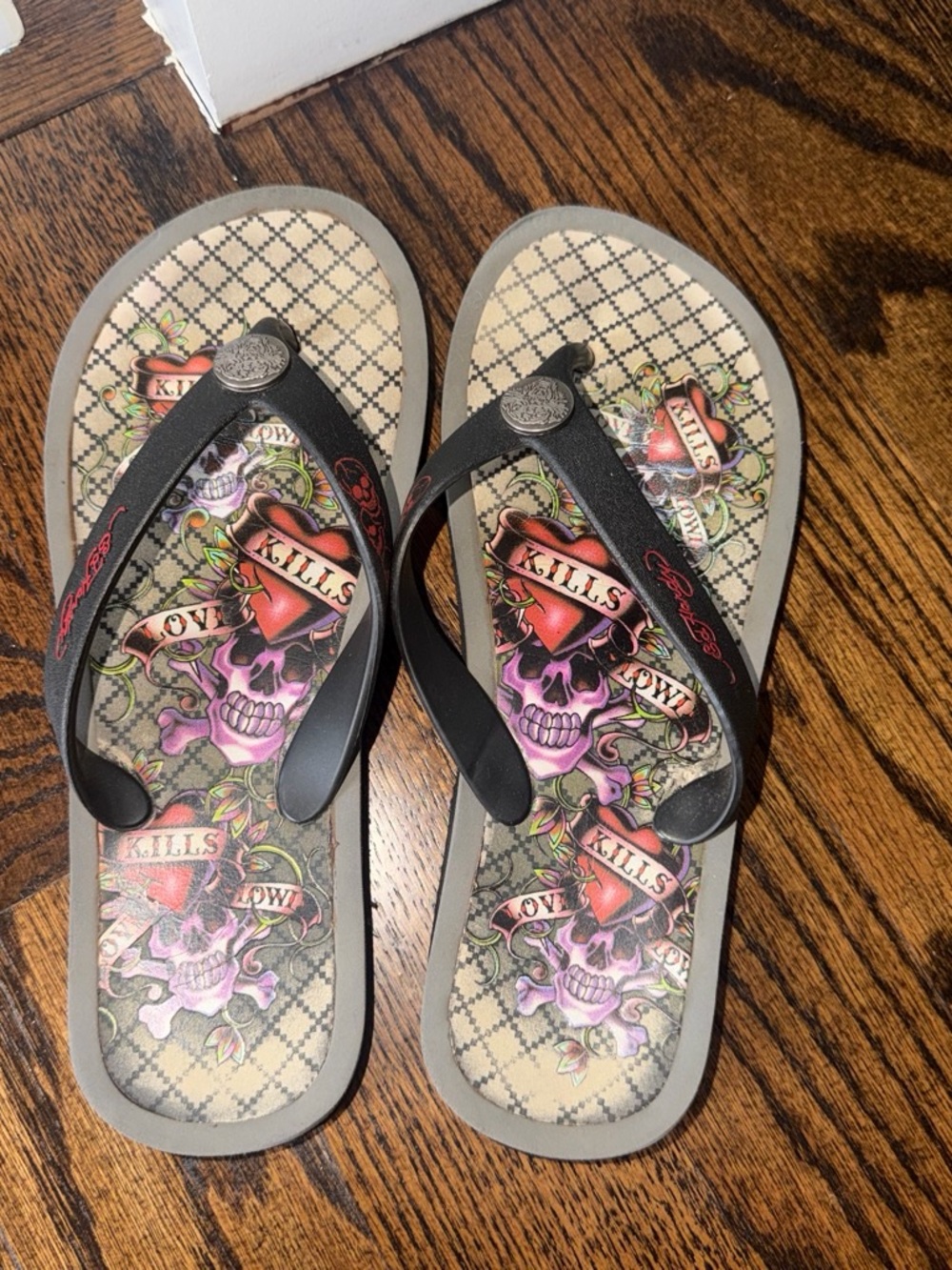 Ed Hardy Black Flip Flops with Multi-Color Skull & Heart Graphic